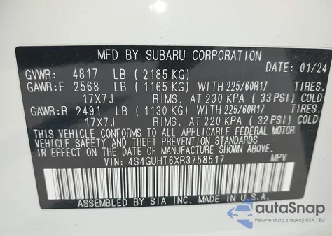 2024 Subaru Crosstrek Wilderness z USA, uszkodzony, nr VIN 4S4GUHT6XR3758517